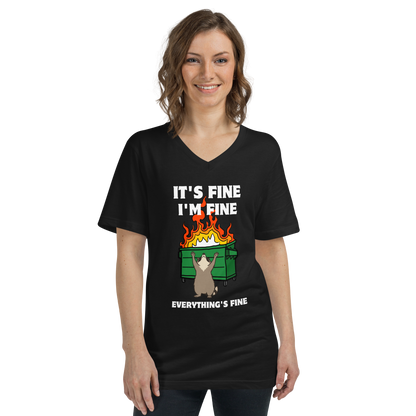 Woman wearing a Funny Dumpster Fire Raccoon graphic v-neck t-shirt in black by Boozy Fox