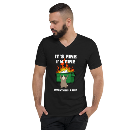 Man wearing a Funny Dumpster Fire Raccoon graphic v-neck t-shirt in black by Boozy Fox