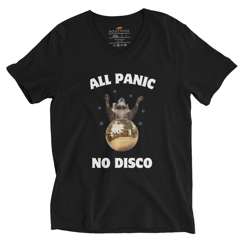 Funny All Panic No Disco Raccoon graphic v-neck t-shirt in black by Boozy Fox