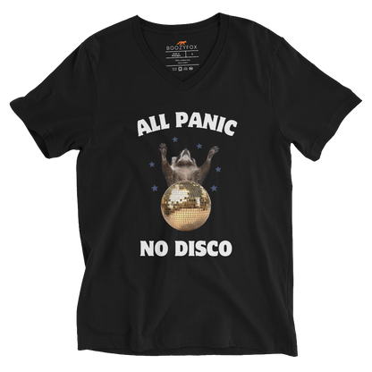 Funny All Panic No Disco Raccoon graphic v-neck t-shirt in black by Boozy Fox