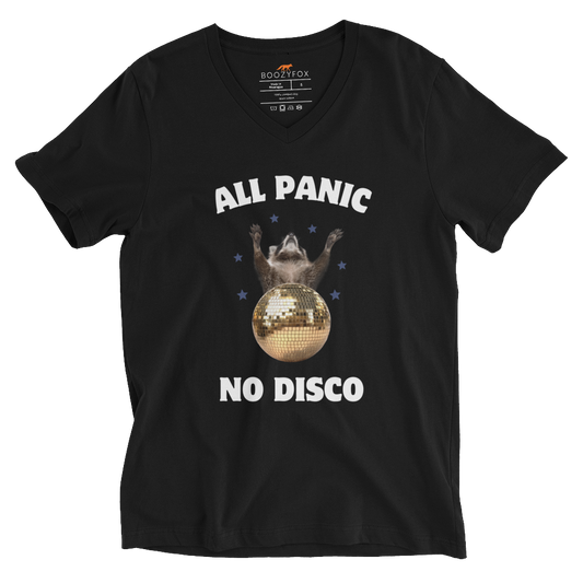 Funny All Panic No Disco Raccoon graphic v-neck t-shirt in black by Boozy Fox