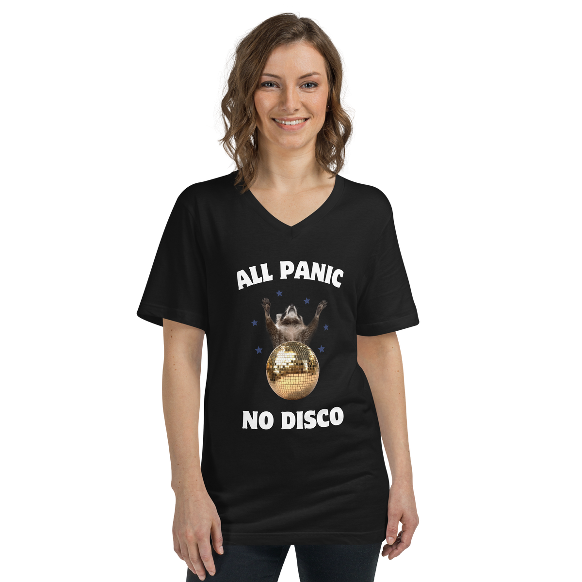 Woman wearing a Funny All Panic No Disco Raccoon graphic v-neck t-shirt in black by Boozy Fox