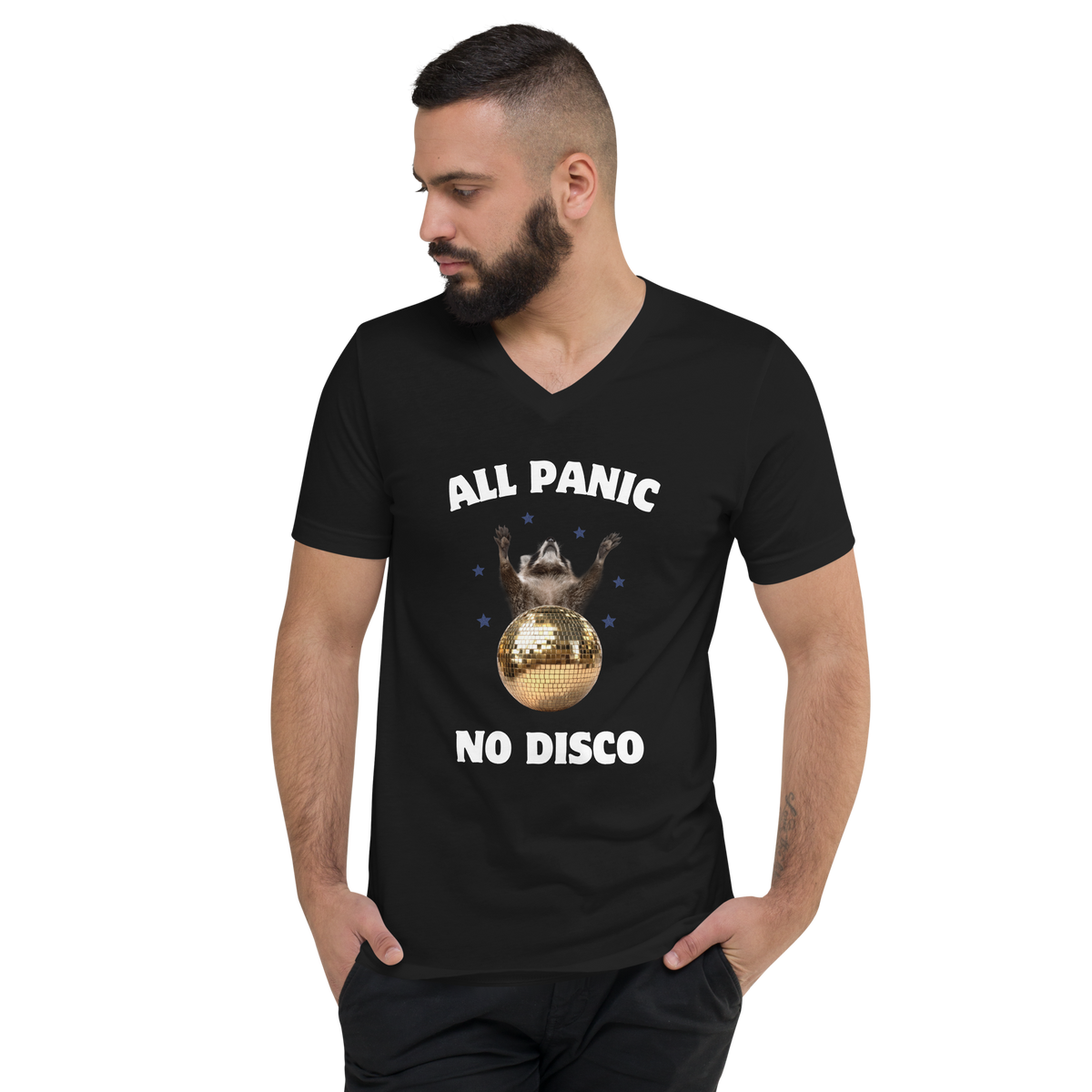 Man wearing a Funny All Panic No Disco Raccoon graphic v-neck t-shirt in black by Boozy Fox