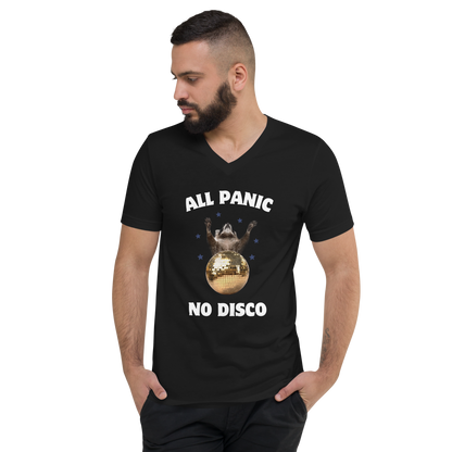 Man wearing a Funny All Panic No Disco Raccoon graphic v-neck t-shirt in black by Boozy Fox