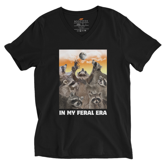 Funny In My Feral Era Raccoon graphic v-neck t-shirt in black by Boozy Fox