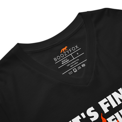 Close-up detail of black v-neck t-shirt collar and Boozy Fox neck label