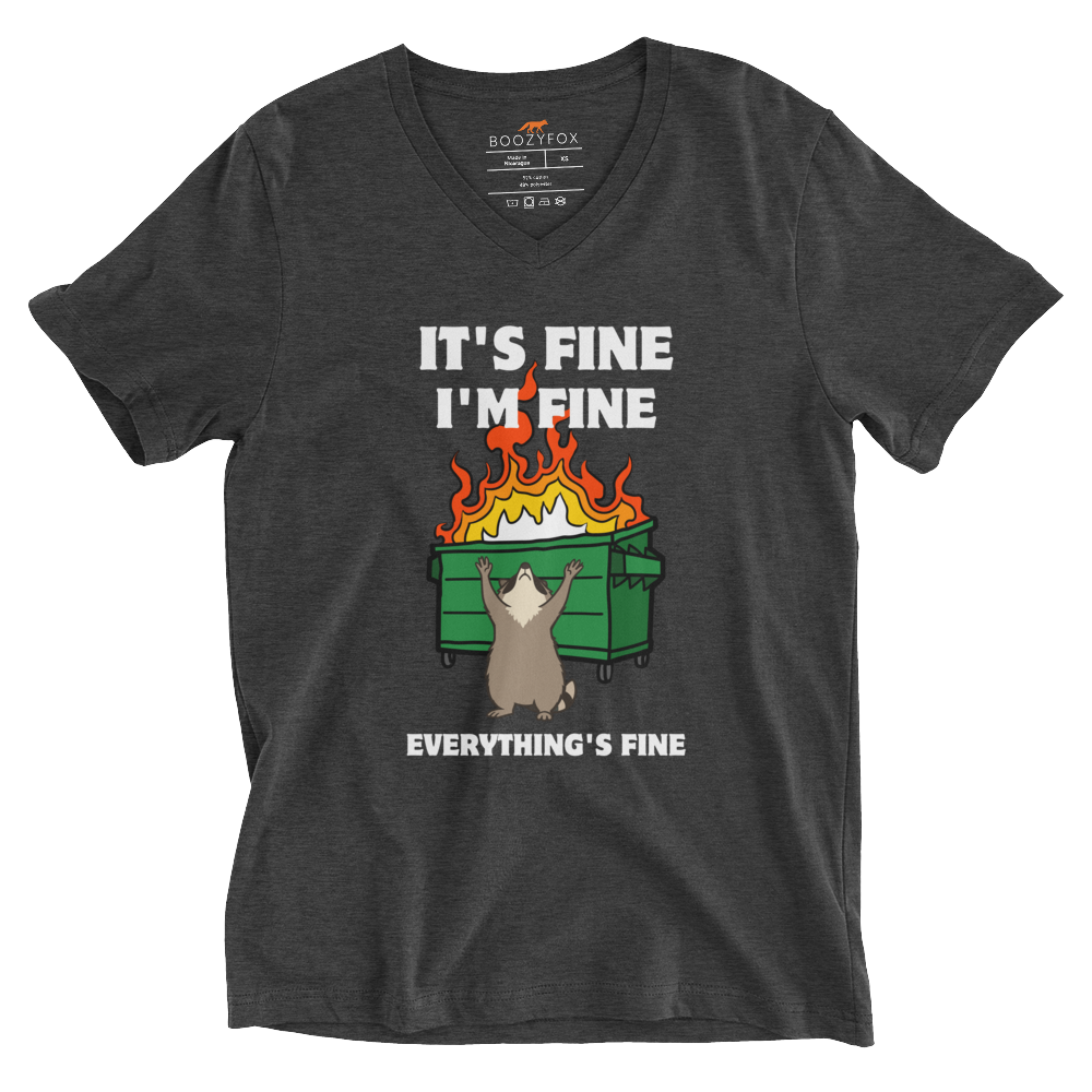 Funny Dumpster Fire Raccoon graphic v-neck t-shirt in dark grey heather by Boozy Fox