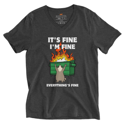 Funny Dumpster Fire Raccoon graphic v-neck t-shirt in dark grey heather by Boozy Fox
