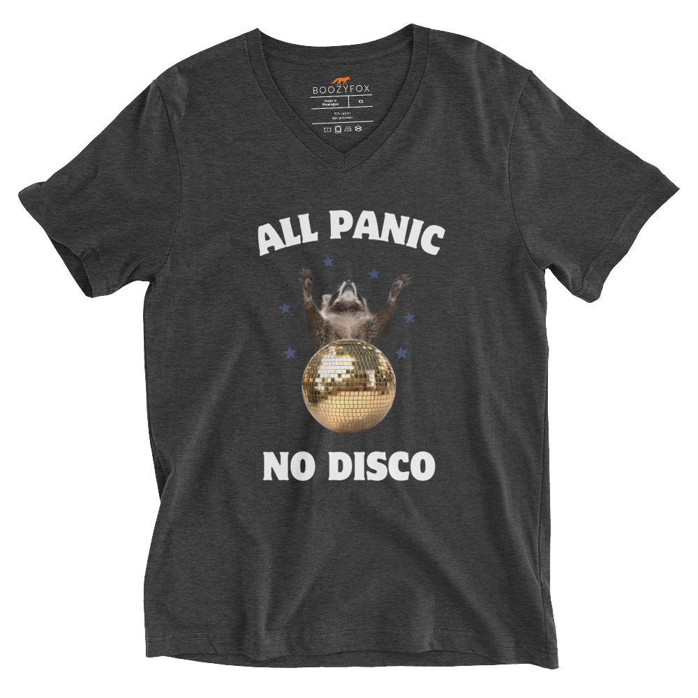 Funny All Panic No Disco Raccoon graphic v-neck t-shirt in dark grey heather by Boozy Fox