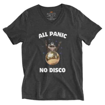 Funny All Panic No Disco Raccoon graphic v-neck t-shirt in dark grey heather by Boozy Fox