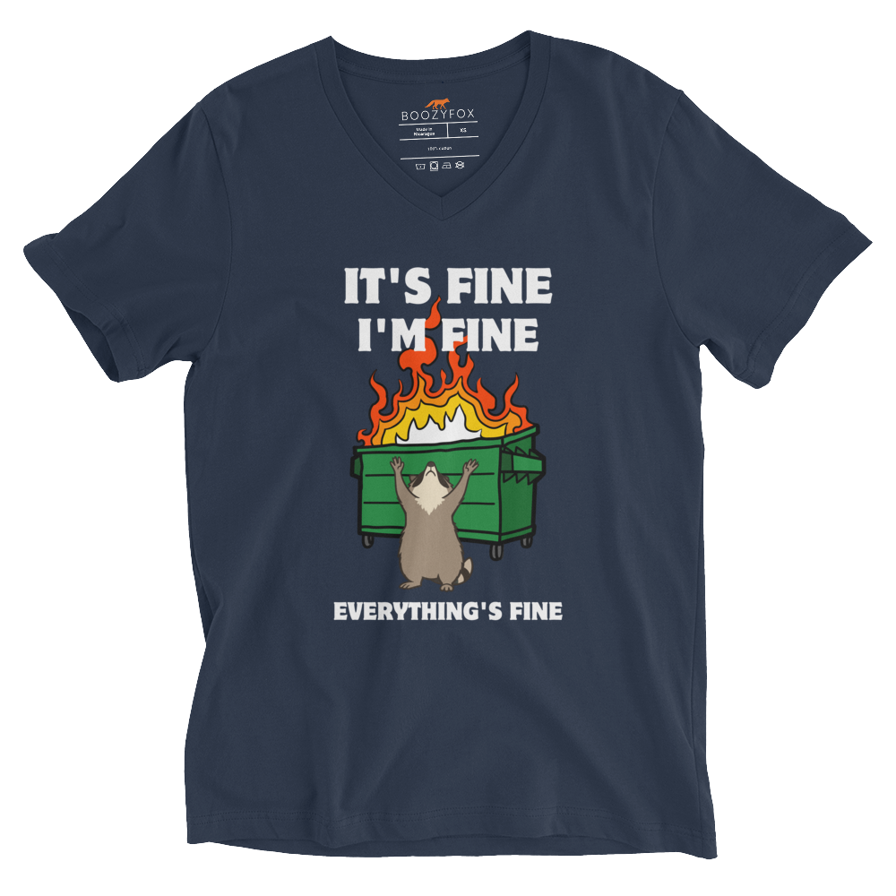 Funny Dumpster Fire Raccoon graphic v-neck t-shirt in navy by Boozy Fox