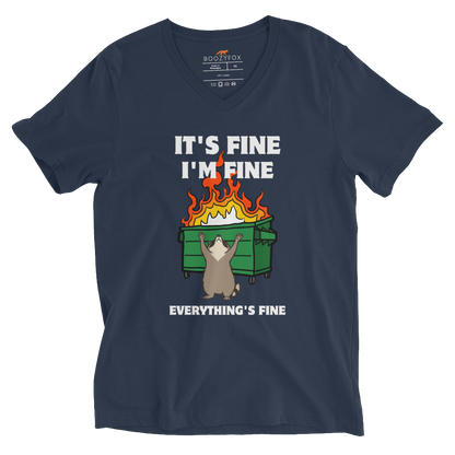 Funny Dumpster Fire Raccoon graphic v-neck t-shirt in navy by Boozy Fox