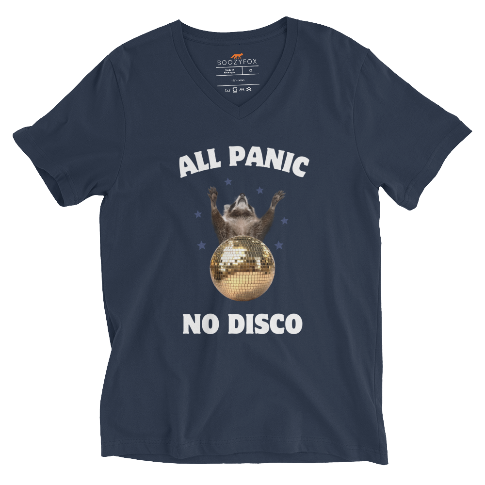 Funny All Panic No Disco Raccoon graphic v-neck t-shirt in navy by Boozy Fox