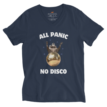 Funny All Panic No Disco Raccoon graphic v-neck t-shirt in navy by Boozy Fox
