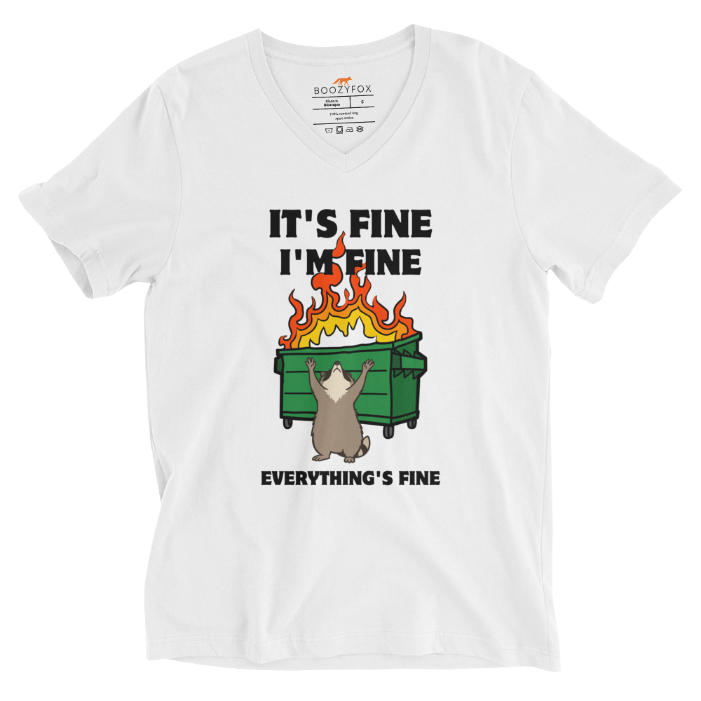Funny Dumpster Fire Raccoon graphic v-neck t-shirt in white by Boozy Fox
