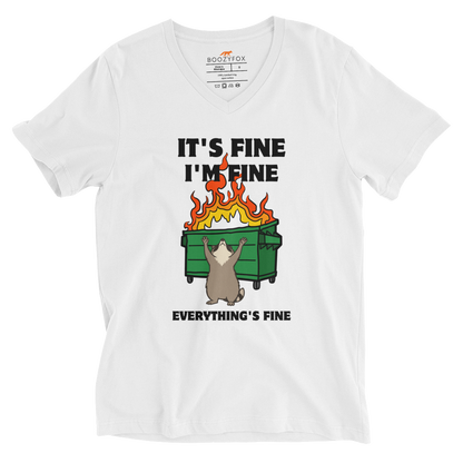 Funny Dumpster Fire Raccoon graphic v-neck t-shirt in white by Boozy Fox