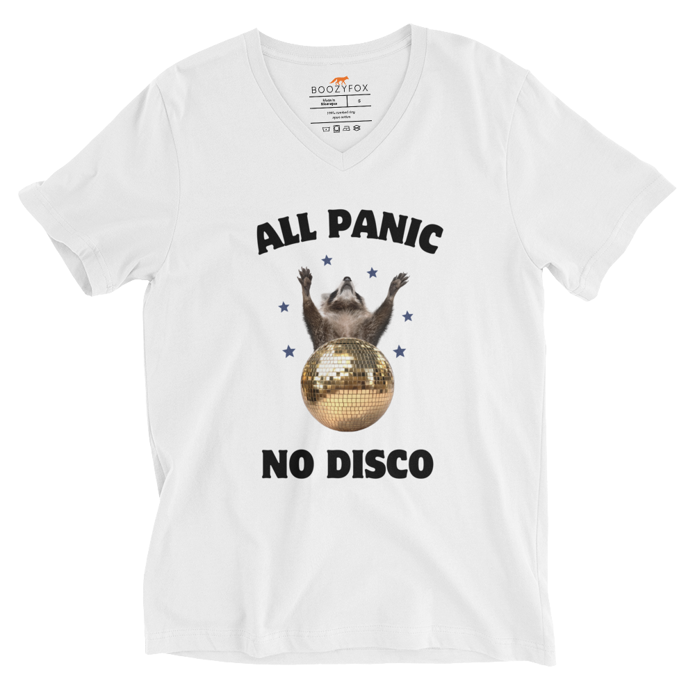 Funny All Panic No Disco Raccoon graphic v-neck t-shirt in white by Boozy Fox