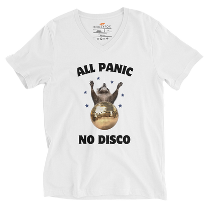 Funny All Panic No Disco Raccoon graphic v-neck t-shirt in white by Boozy Fox