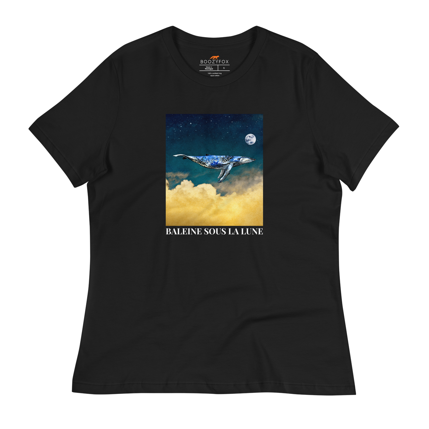 Women's relaxed black whale t-shirt featuring a majestic Whale Under The Moon graphic on the chest - Women's Graphic Whale Tees - Boozy Fox