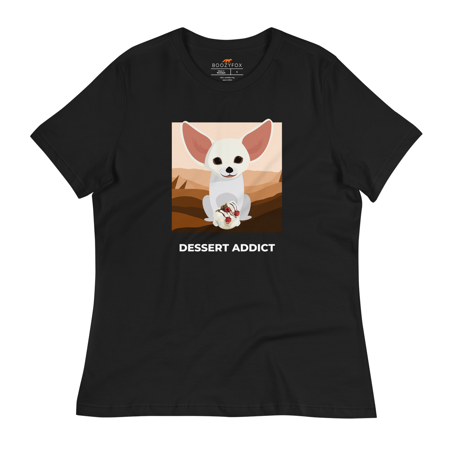Women's relaxed black Fennec Fox t-shirt featuring a cute Dessert Addict graphic on the chest - Women's Cute Graphic Fennec Fox Tees - Boozy Fox