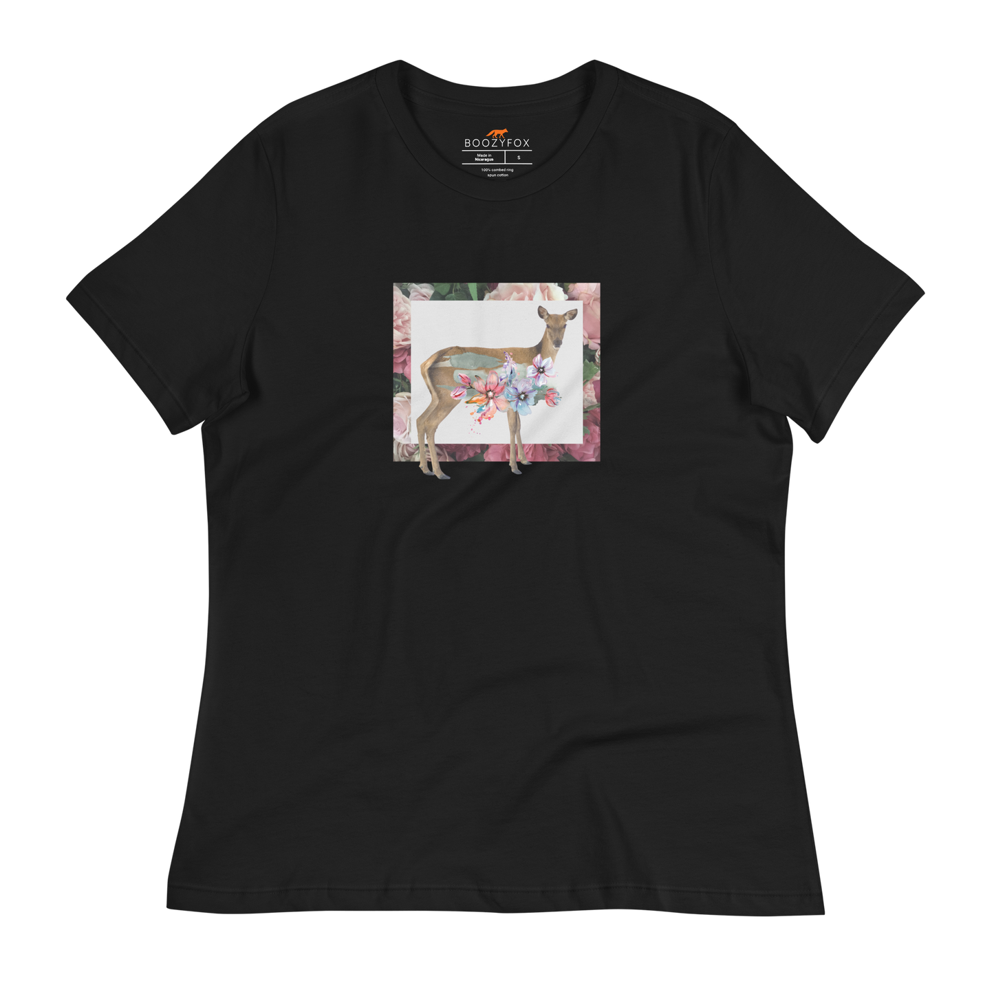 Women's relaxed black Deer t-shirt featuring a captivating Floral Deer graphic on the chest - Women's Graphic Deer Tees - Boozy Fox