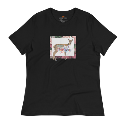 Women's relaxed black Deer t-shirt featuring a captivating Floral Deer graphic on the chest - Women's Graphic Deer Tees - Boozy Fox