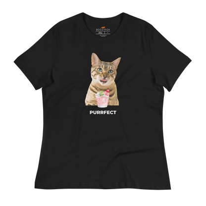 Women's relaxed black cat t-shirt featuring a hilarious Purrfect graphic on the chest - Women's Funny Graphic Cat Tees - Boozy Fox