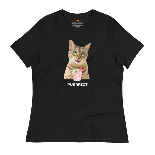 Women's relaxed black cat t-shirt featuring a hilarious Purrfect graphic on the chest - Women's Funny Graphic Cat Tees - Boozy Fox