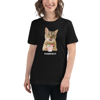 Smiling Woman Wearing a Women's relaxed black cat t-shirt featuring a hilarious Purrfect graphic on the chest - Women's Funny Graphic Cat Tees - Boozy Fox