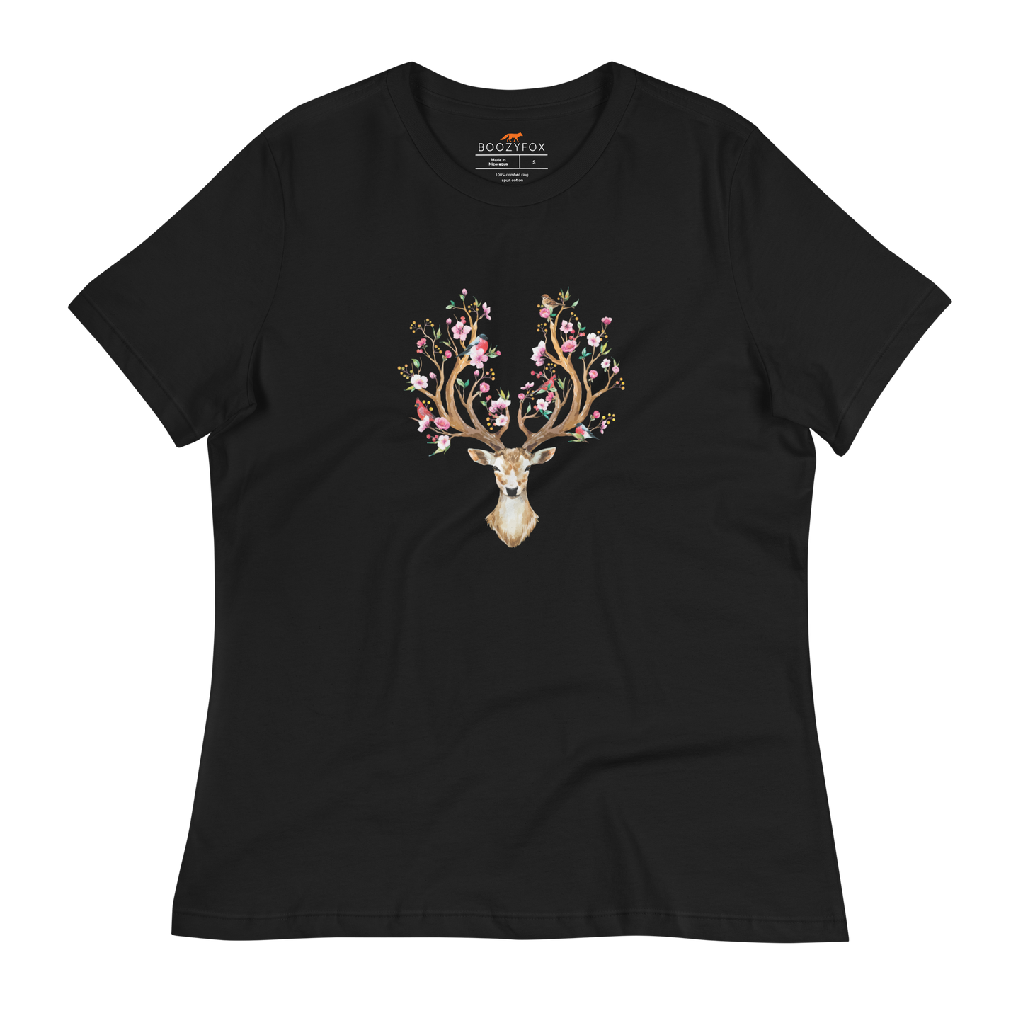 Women's relaxed black Deer t-shirt featuring an eye-catching Floral Red Deer graphic on the chest - Women's Graphic Deer Tees - Boozy Fox