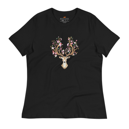 Women's relaxed black Deer t-shirt featuring an eye-catching Floral Red Deer graphic on the chest - Women's Graphic Deer Tees - Boozy Fox