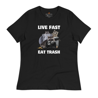 Women's Black Raccoon T-Shirt featuring a hilarious Live Fast Eat Trash graphic on the chest - Women's Funny Graphic Raccoon Tees - Boozy Fox