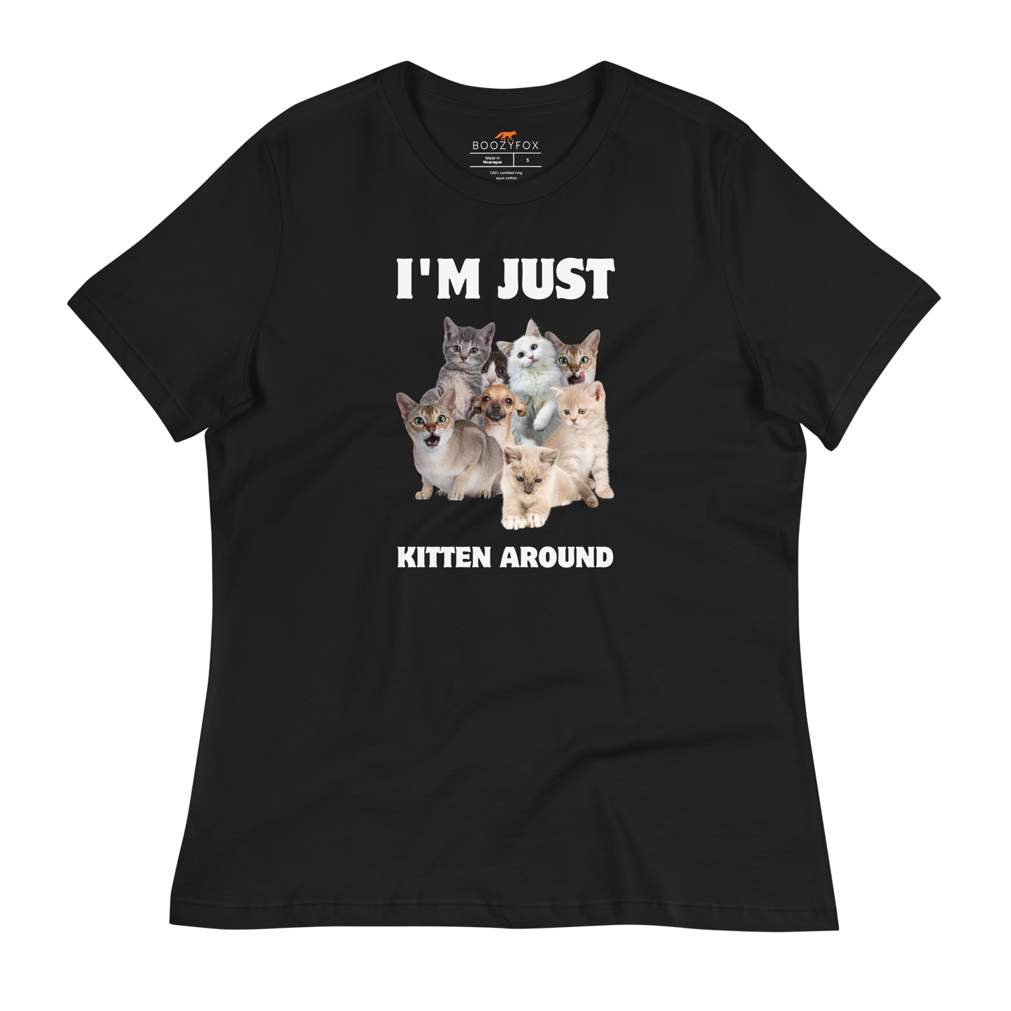 Women's Relaxed Black Cat T-Shirt featuring an I'm Just Kitten Around graphic on the chest - Funny Graphic Cat Tees - Boozy Fox