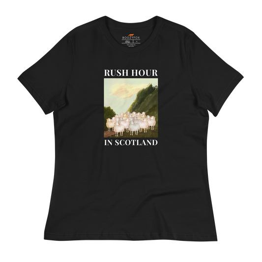 Women's Relaxed Black Sheep T-Shirt featuring a comical Rush Hour In Scotland graphic on the chest - Artsy/Funny Graphic Sheep Tees - Boozy Fox