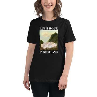 Woman wearing a Relaxed Black Sheep T-Shirt featuring a comical Rush Hour In Scotland graphic on the chest - Artsy/Funny Graphic Sheep Tees - Boozy Fox