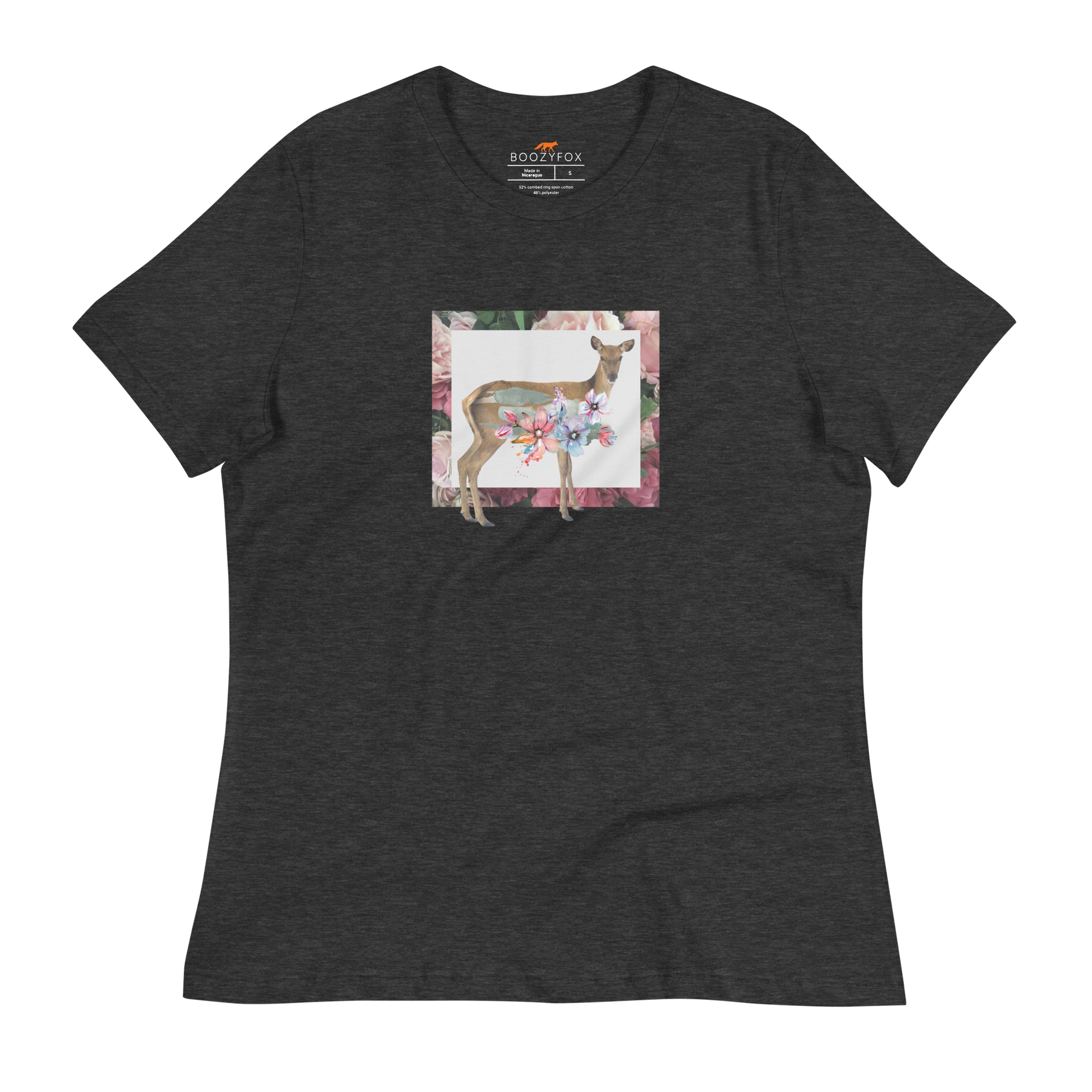 Women's relaxed dark grey heather Deer t-shirt featuring a captivating Floral Deer graphic on the chest - Women's Graphic Deer Tees - Boozy Fox