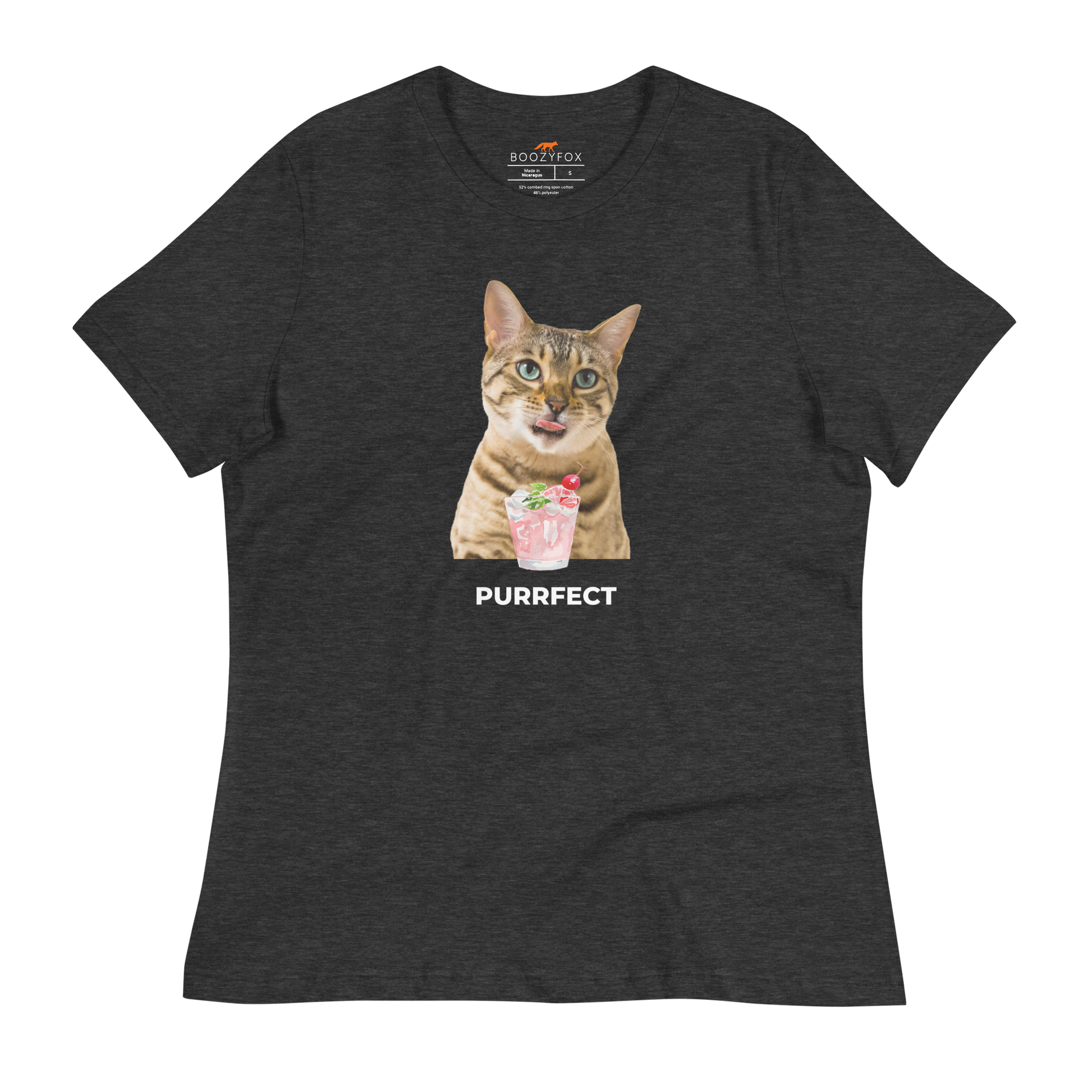 Women's relaxed dark grey heather cat t-shirt featuring a hilarious Purrfect graphic on the chest - Women's Funny Graphic Cat Tees - Boozy Fox