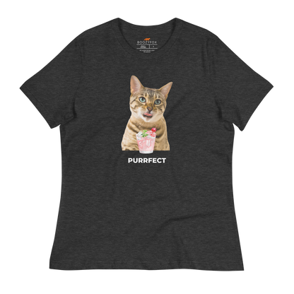 Women's relaxed dark grey heather cat t-shirt featuring a hilarious Purrfect graphic on the chest - Women's Funny Graphic Cat Tees - Boozy Fox