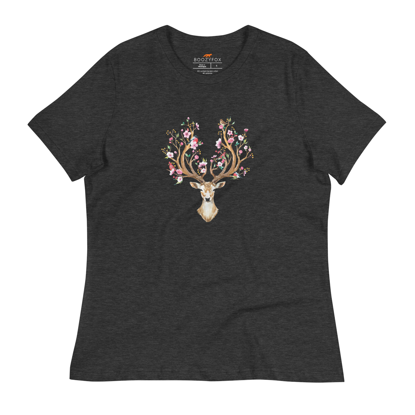 Women's relaxed dark grey heather Deer t-shirt featuring an eye-catching Floral Red Deer graphic on the chest - Women's Graphic Deer Tees - Boozy Fox