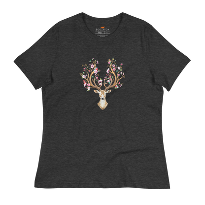 Women's relaxed dark grey heather Deer t-shirt featuring an eye-catching Floral Red Deer graphic on the chest - Women's Graphic Deer Tees - Boozy Fox