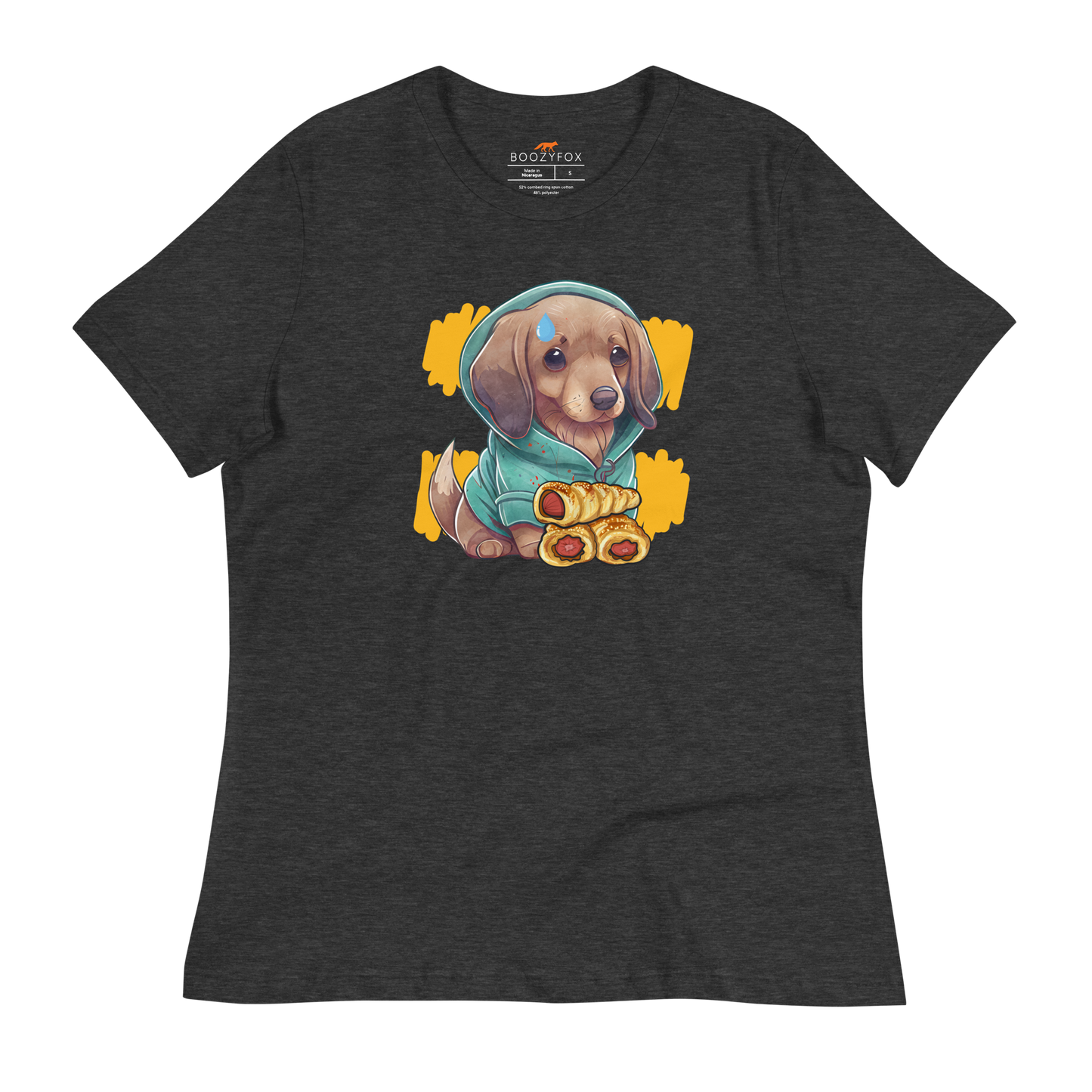 Women's relaxed dark grey heather Sausage Dog t-shirt featuring an adorable dachshund sausage dog graphic on the chest - Women's Cute Graphic Dachshund Tees - Boozy Fox