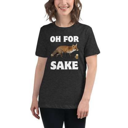 Smiling woman wearing a Dark Grey Heather Oh For Fox Sake Women's Relaxed T-Shirt - Boozy Fox