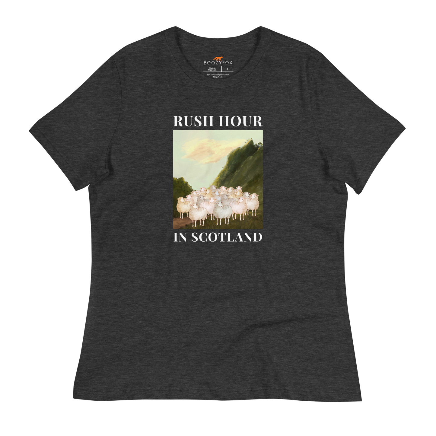 Women's Relaxed Dark Grey Heather Sheep T-Shirt featuring a comical Rush Hour In Scotland graphic on the chest - Artsy/Funny Graphic Sheep Tees - Boozy Fox