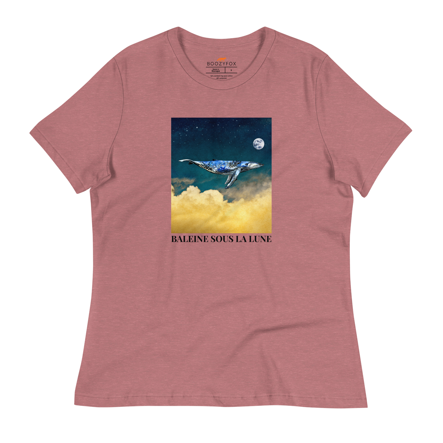 Women's relaxed heather mauve whale t-shirt featuring a majestic Whale Under The Moon graphic on the chest - Women's Graphic Whale Tees - Boozy Fox