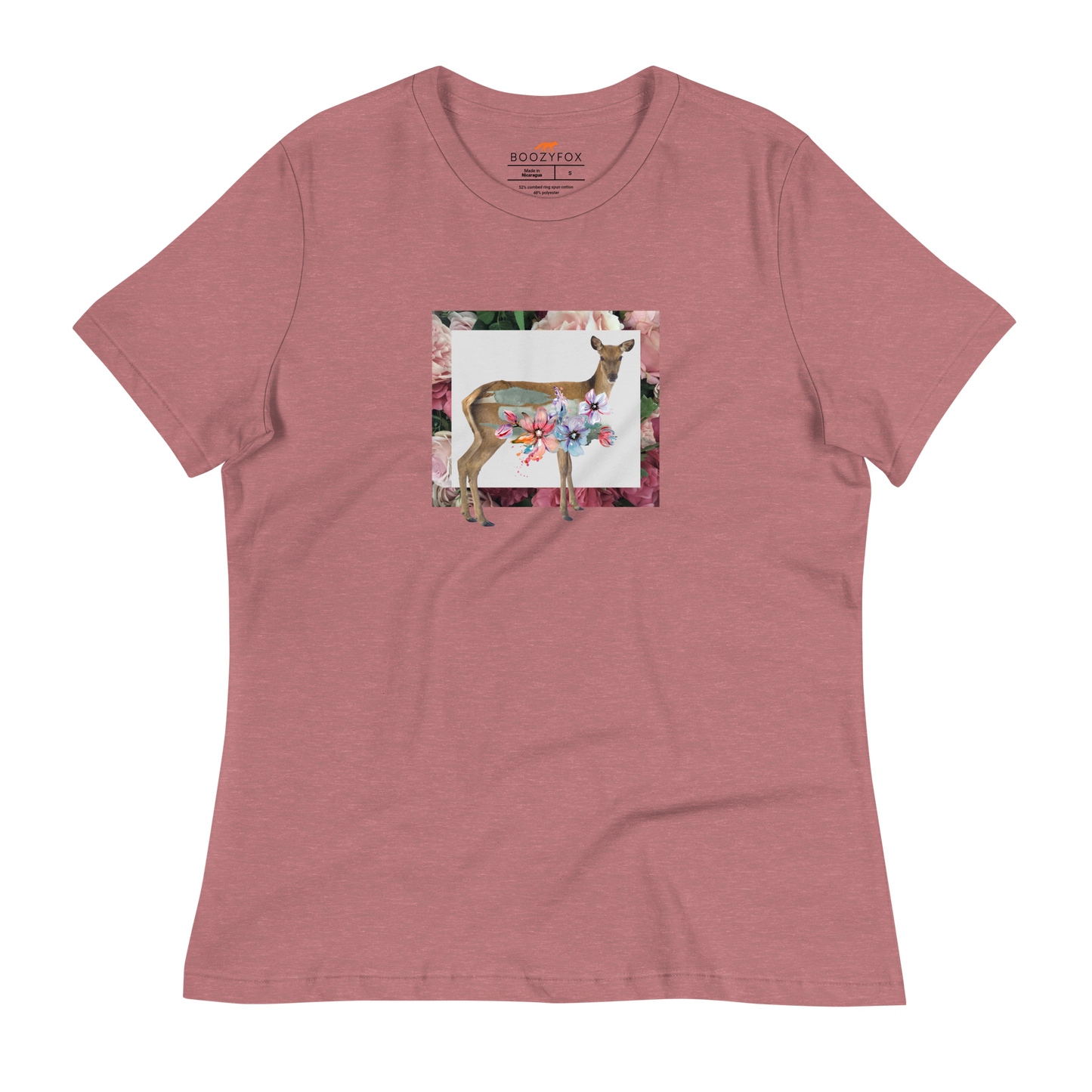 Women's relaxed heather mauve Deer t-shirt featuring a captivating Floral Deer graphic on the chest - Women's Graphic Deer Tees - Boozy Fox