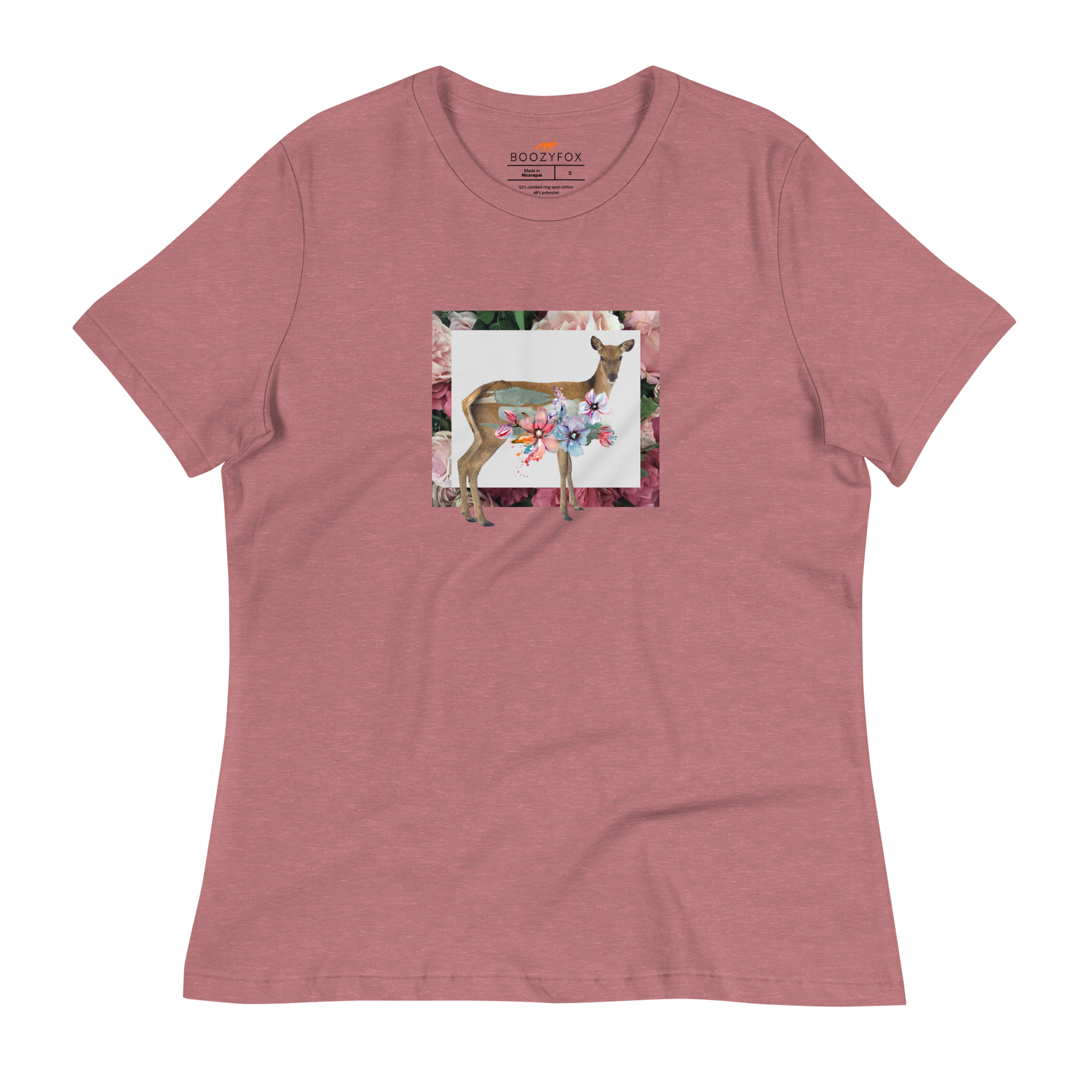 Women's relaxed heather mauve Deer t-shirt featuring a captivating Floral Deer graphic on the chest - Women's Graphic Deer Tees - Boozy Fox