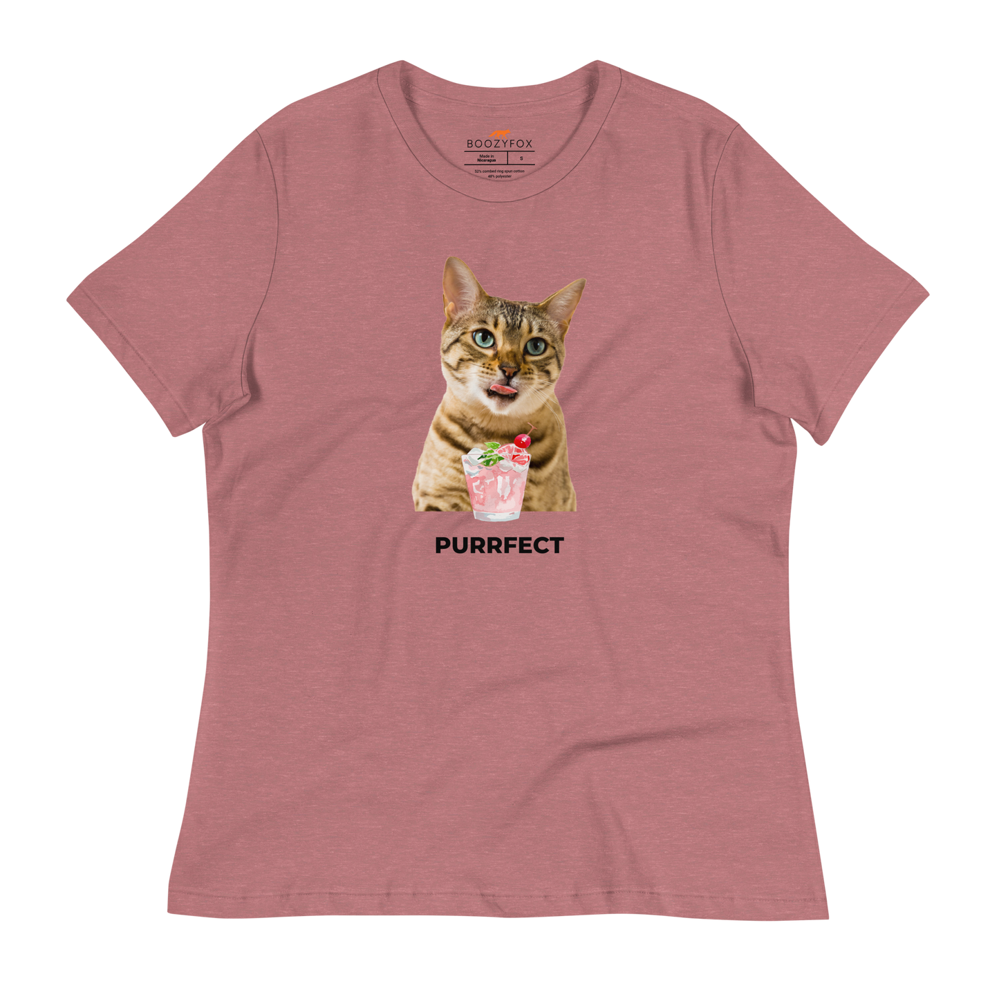 Women's relaxed heather mauve cat t-shirt featuring a hilarious Purrfect graphic on the chest - Women's Funny Graphic Cat Tees - Boozy Fox