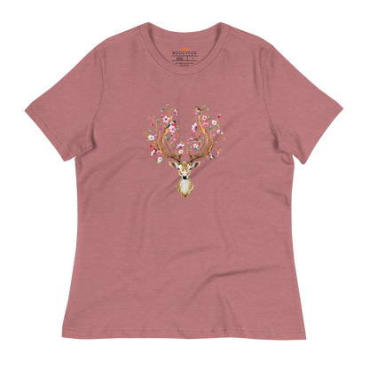 Women's relaxed heather mauve Deer t-shirt featuring an eye-catching Floral Red Deer graphic on the chest - Women's Graphic Deer Tees - Boozy Fox