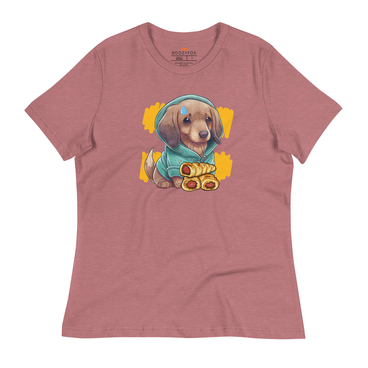 Women's relaxed heather mauve Sausage Dog t-shirt featuring an adorable dachshund sausage dog graphic on the chest - Women's Cute Graphic Dachshund Tees - Boozy Fox