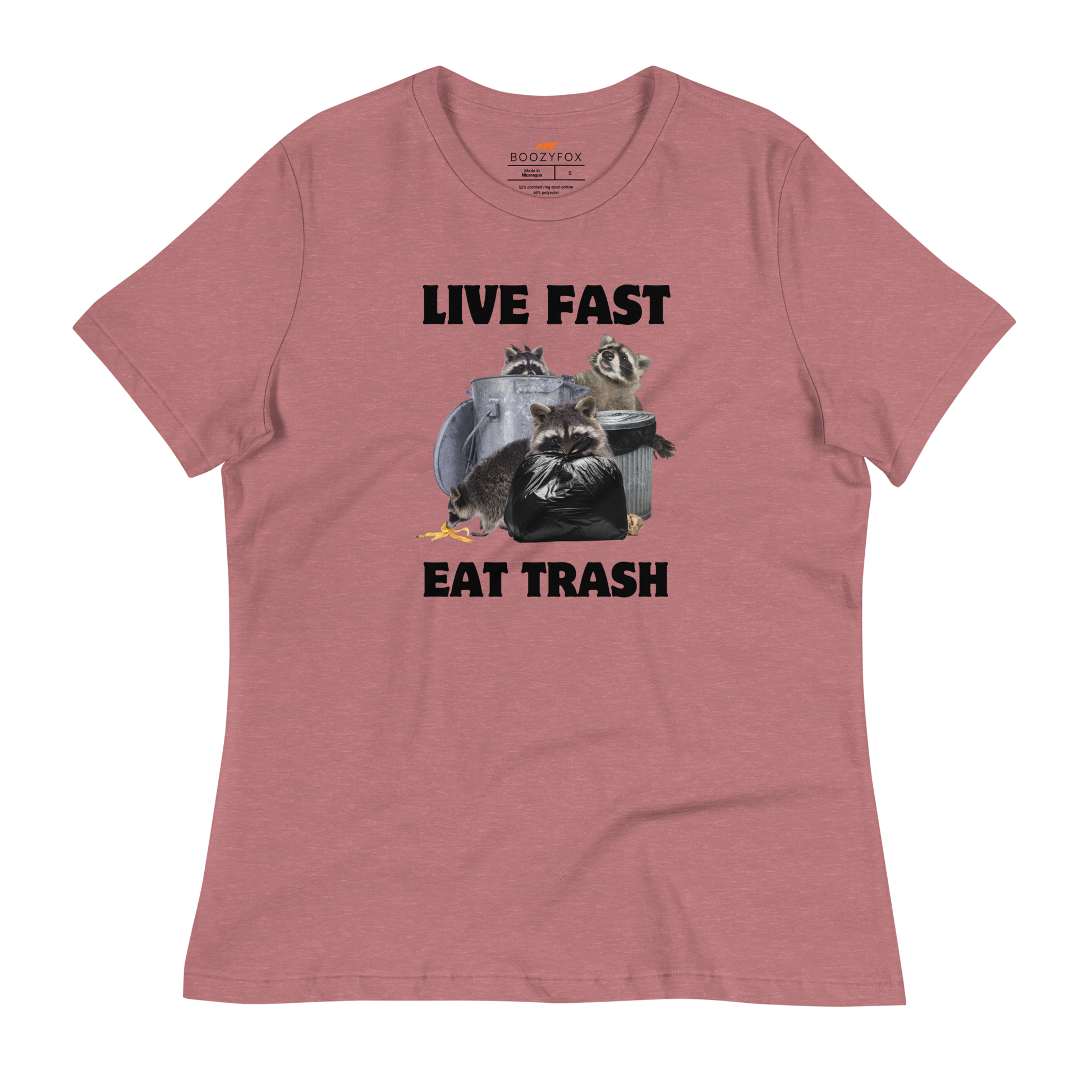 Women's Heather Mauve Raccoon T-Shirt featuring a hilarious Live Fast Eat Trash graphic on the chest - Women's Funny Graphic Raccoon Tees - Boozy Fox